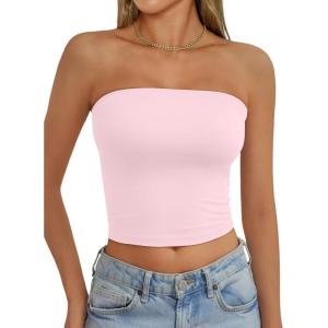 AUTOMET Tube Tops Strapless Crop Tops Basic Backless Sleeveless Bandeau Going Out Cute 2025 Summer Clothes(Pink)