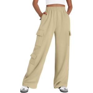 AUTOMET Womens Cargo Sweatpants Wide Leg Fleece Lined Y2k Pants Fall Winter Baggy Joggers with Pockets(Apricot)