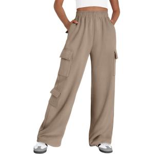 AUTOMET Womens Cargo Sweatpants Wide Leg Fleece Lined Y2k Pants Fall Winter Baggy Joggers with Pockets(Coffeegrey)