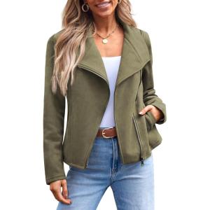 AUTOMET Womens Faux Leather Jackets Suede Fall Fashion 2025 Outfits Winter Clothes Open Front Cropped Coat Outwear(Armygreen)