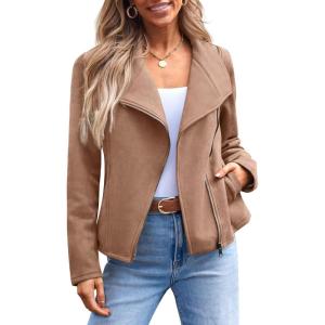 AUTOMET Womens Faux Leather Jackets Suede Fall Fashion 2025 Outfits Winter Clothes Open Front Cropped Coat Outwear(Camel)