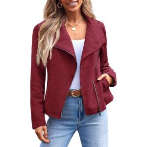AUTOMET Womens Faux Leather Jackets Suede Fall Fashion 2025 Outfits Winter Clothes Open Front Cropped Coat Outwear(Winered)
