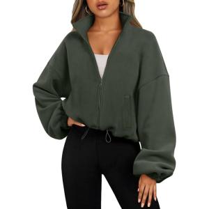 AUTOMET Womens Fleece Jackets Zip Up Oversized Sweatshirts Winter Clothes Long Sleeve Crop Sherpa Fall Outfits Fashion(Armygreen)