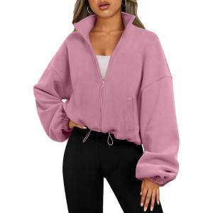 AUTOMET Womens Fleece Jackets Zip Up Oversized Sweatshirts Winter Clothes Long Sleeve Crop Sherpa Fall Outfits Fashion(Hotpink)