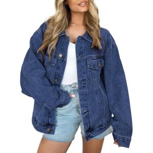 AUTOMET Womens Jean Jacket Denim Long Sleeve Oversized Button Down Shirts Trendy Coat Fall Fashion Winter Clothes Outfit(Dark Blue)