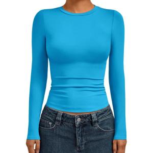 AUTOMET Womens Long Sleeve Shirts Basic Compression Going Out Crop Tops Fall Fashion Y2K Clothes 2025(Blue)