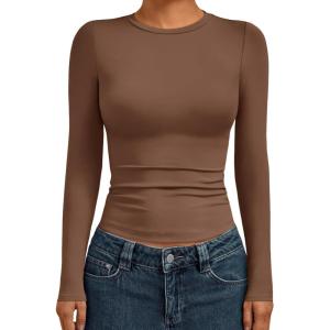 AUTOMET Womens Long Sleeve Shirts Basic Compression Going Out Crop Tops Fall Fashion Y2K Clothes 2025(Brown)