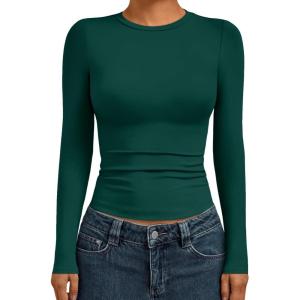 AUTOMET Womens Long Sleeve Shirts Basic Compression Going Out Crop Tops Fall Fashion Y2K Clothes 2025(Dark Green)