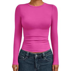 AUTOMET Womens Long Sleeve Shirts Basic Compression Going Out Crop Tops Fall Fashion Y2K Clothes 2025(Hot Pink)