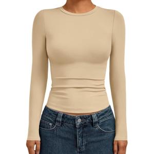 AUTOMET Womens Long Sleeve Shirts Basic Compression Going Out Crop Tops Fall Fashion Y2K Clothes 2025(Khaki)