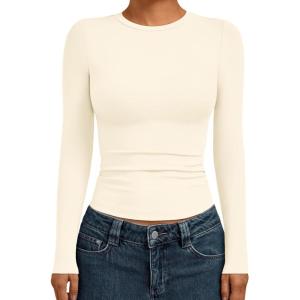 AUTOMET Womens Long Sleeve Shirts Basic Compression Going Out Crop Tops Fall Fashion Y2K Clothes 2025(Light Apricot)