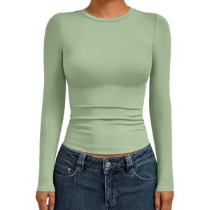 AUTOMET Womens Long Sleeve Shirts Basic Compression Going Out Crop Tops Fall Fashion Y2K Clothes 2025(Light Green)