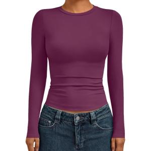 AUTOMET Womens Long Sleeve Shirts Basic Compression Going Out Crop Tops Fall Fashion Y2K Clothes 2025(Mulberry)