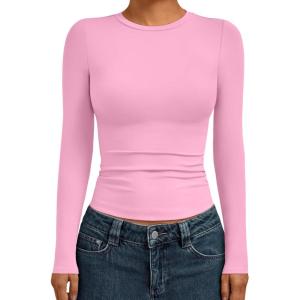 AUTOMET Womens Long Sleeve Shirts Basic Compression Going Out Crop Tops Fall Fashion Y2K Clothes 2025(Rose Pink)
