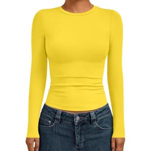 AUTOMET Womens Long Sleeve Shirts Basic Compression Going Out Crop Tops Fall Fashion Y2K Clothes 2025(Yellow)