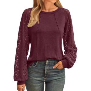 AUTOMET Womens Long Sleeve Shirts Casual Tops Dressy Outfits Fall Fashion Blouses Lace Clothes Y2k(Winered)
