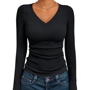 AUTOMET Womens Long Sleeve Shirts Fall Outfits Fashion Tops V Neck Ribbed Basic Casual Clothes Winter Underscrub(Black)