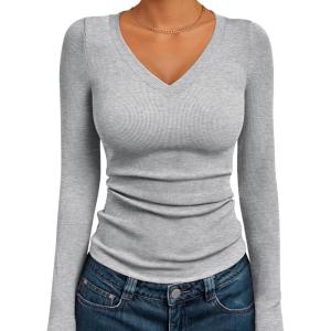 AUTOMET Womens Long Sleeve Shirts Fall Outfits Fashion Tops V Neck Ribbed Basic Casual Clothes Winter Underscrub(Grey)
