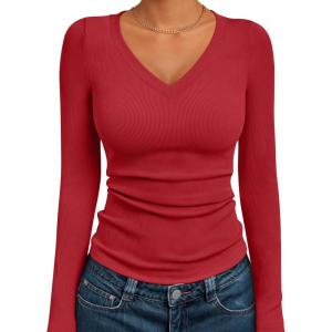 AUTOMET Womens Long Sleeve Shirts Fall Outfits Fashion Tops V Neck Ribbed Basic Casual Clothes Winter Underscrub(Red)