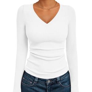 AUTOMET Womens Long Sleeve Shirts Fall Outfits Fashion Tops V Neck Ribbed Basic Casual Clothes Winter Underscrub(White)
