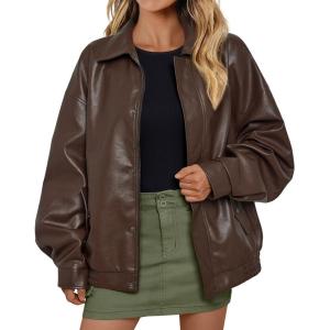 AUTOMET Women’s Oversized Leather Jackets Faux Suede 2025 Fall Zip Up Motorcycle Coats Blazer Jackets for Women Outfits(Brown)