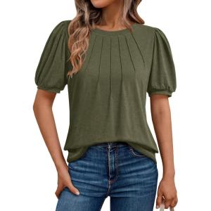 AUTOMET Womens Summer Tops Short Sleeve Shirts Business Casual Outfits Puff Dressy Blouses Spring Clothes 2025(Armygreen)