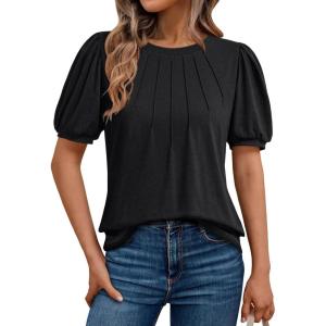 AUTOMET Womens Summer Tops Short Sleeve Shirts Business Casual Outfits Puff Dressy Blouses Spring Clothes 2025(Black)