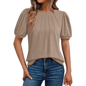 AUTOMET Womens Summer Tops Short Sleeve Shirts Business Casual Outfits Puff Dressy Blouses Spring Clothes 2025(Khaki)