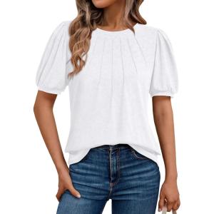 AUTOMET Womens Summer Tops Short Sleeve Shirts Business Casual Outfits Puff Dressy Blouses Spring Clothes 2025(White)