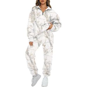 AUTOMET Women’s Sweatsuits 2 Piece Outfits Lounge Sets Long Sleeve Half Zip Pullover and Baggy Sweatpants with Pockets(Camowhite)