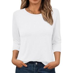 AUTOMET Womens Tops 3/4 Length Long Sleeve Shirts Fall Clothes Business Casual Dressy Blouse Loose Fit Basic Tee Trendy(White)