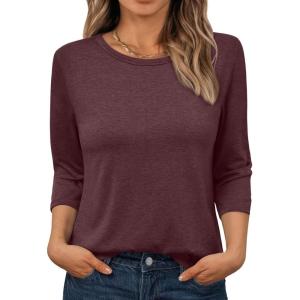 AUTOMET Womens Tops 3/4 Length Long Sleeve Shirts Fall Clothes Business Casual Dressy Blouse Loose Fit Basic Tee Trendy(Wine Red)